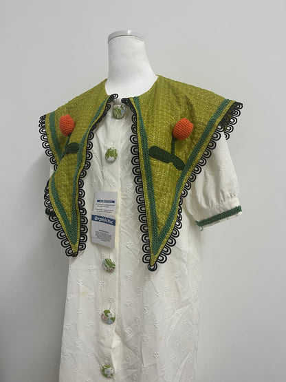 Orphichic Charming White Dress with Green Embellished Capelet