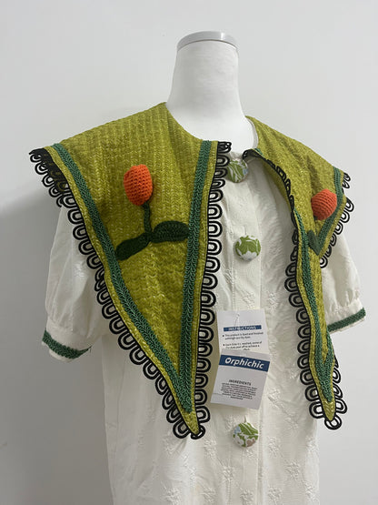 Orphichic Charming White Dress with Green Embellished Capelet