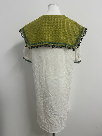 Orphichic Charming White Dress with Green Embellished Capelet