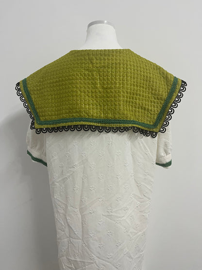 Orphichic Charming White Dress with Green Embellished Capelet