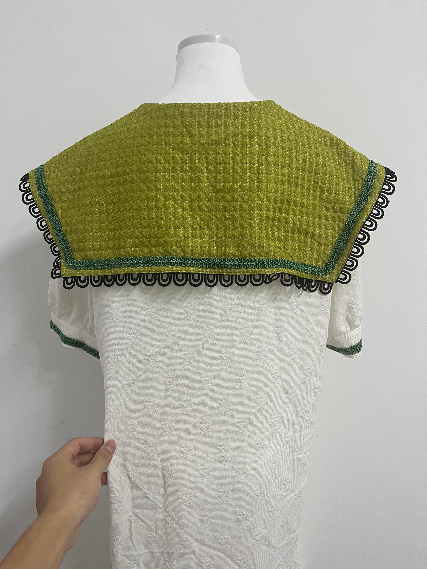 Orphichic Charming White Dress with Green Embellished Capelet