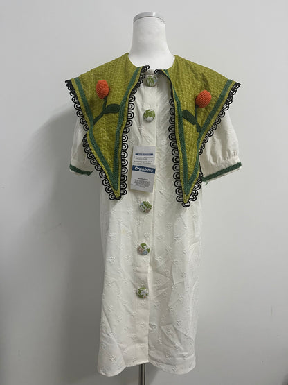 Orphichic Charming White Dress with Green Embellished Capelet