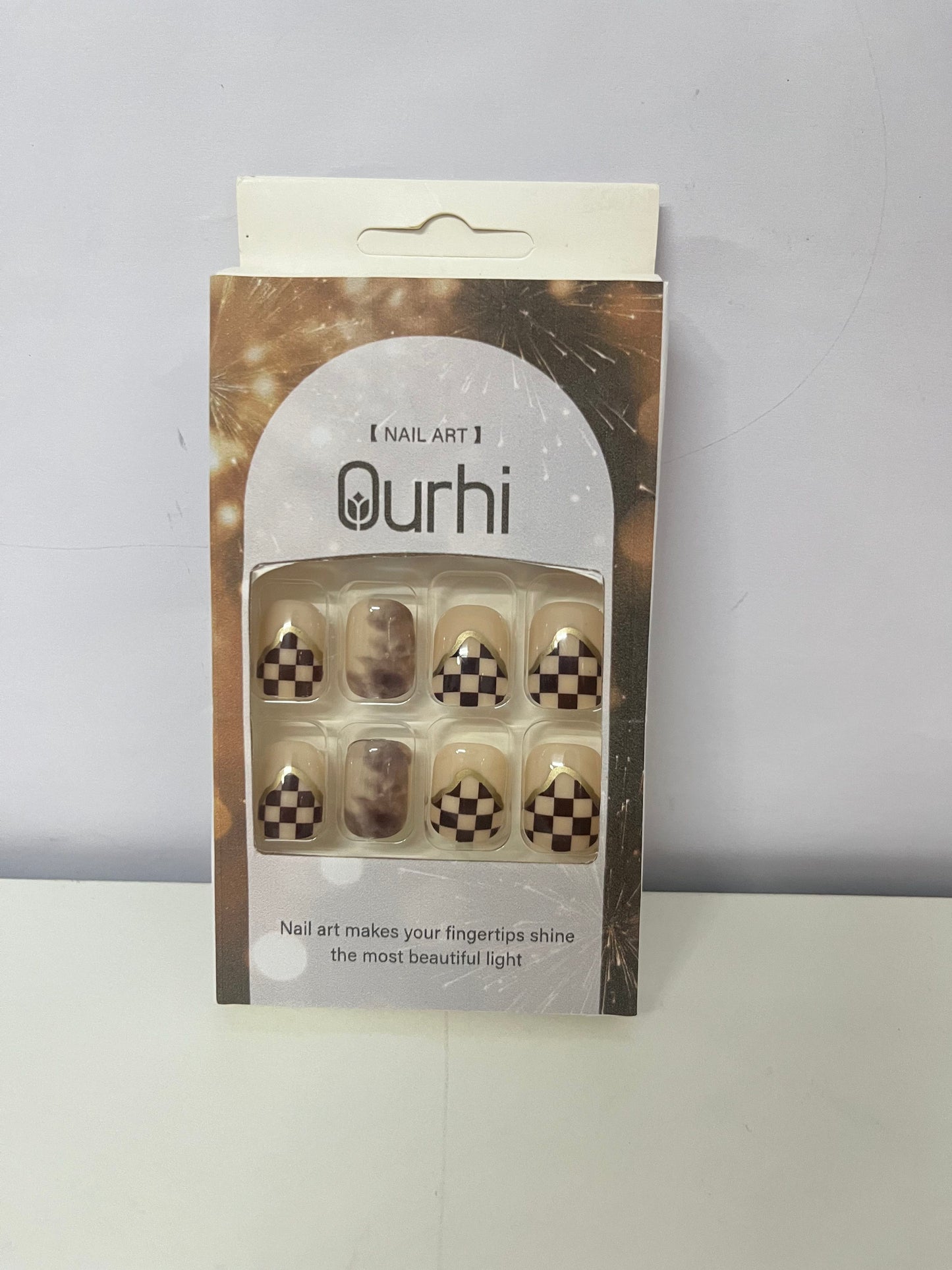 Ourhi False nails Checkerboard Artistic Nail Tips Retro & Stylish Convenient & Exquisite A Trendsetter for Fingertip Personality