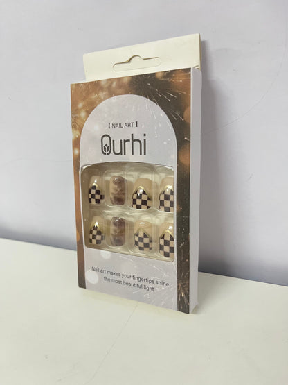Ourhi False nails Checkerboard Artistic Nail Tips Retro & Stylish Convenient & Exquisite A Trendsetter for Fingertip Personality