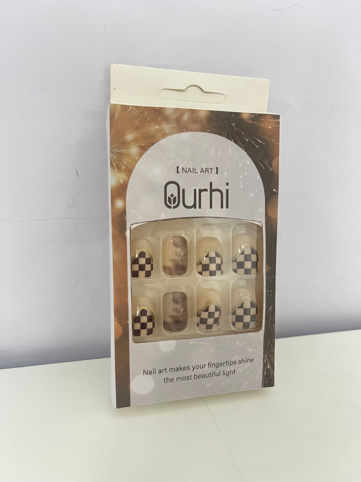 Ourhi False nails Checkerboard Artistic Nail Tips Retro & Stylish Convenient & Exquisite A Trendsetter for Fingertip Personality