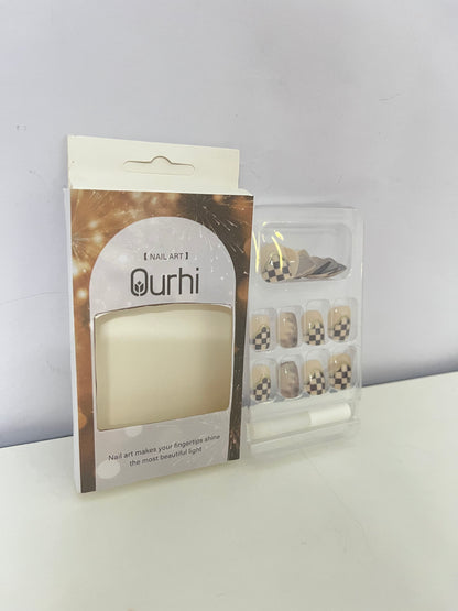 Ourhi False nails Checkerboard Artistic Nail Tips Retro & Stylish Convenient & Exquisite A Trendsetter for Fingertip Personality
