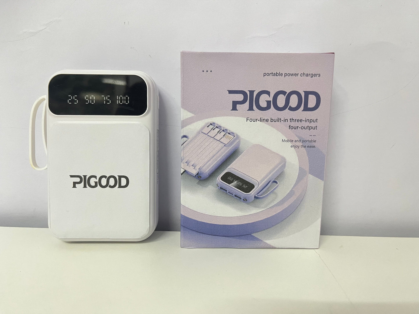 PIGOOD Portable Power Bank with Built-in 4 Cables, 3 Inputs 4 Outputs Digital Display, Compact Fast Charging for Multiple Devices
