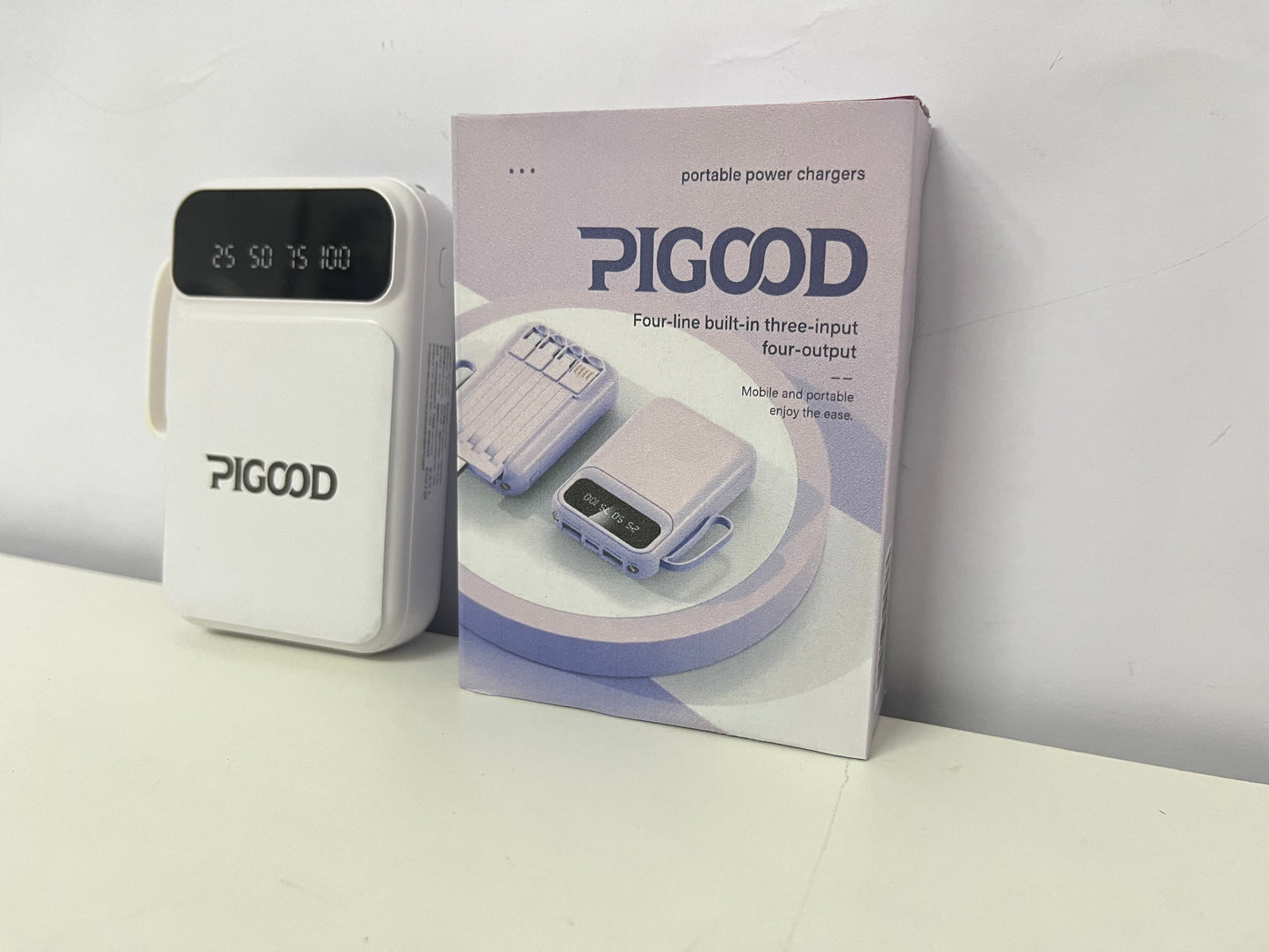 PIGOOD Portable Power Bank with Built-in 4 Cables, 3 Inputs 4 Outputs Digital Display, Compact Fast Charging for Multiple Devices