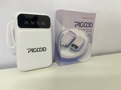 PIGOOD Portable Power Bank with Built-in 4 Cables, 3 Inputs 4 Outputs Digital Display, Compact Fast Charging for Multiple Devices