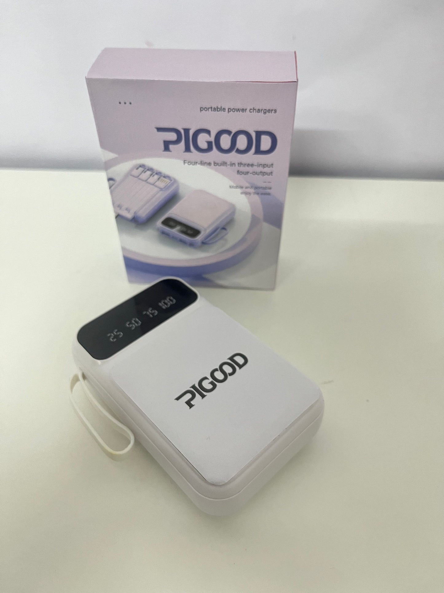 PIGOOD Portable Power Bank with Built-in 4 Cables, 3 Inputs 4 Outputs Digital Display, Compact Fast Charging for Multiple Devices
