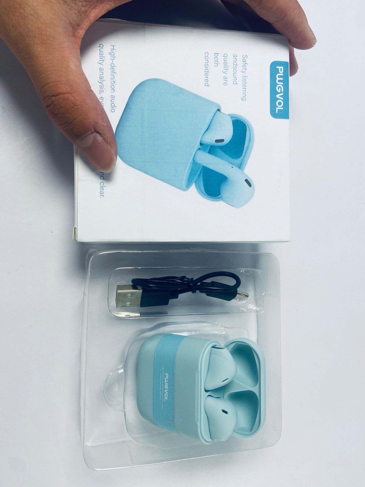 PWGVOL Wireless Headsets, Bluetooth 5.3 Half in-Ear Wireless Earbuds with Charging Case, Deep Bass Stereo Headphones, Dual Mics, 26H Playtime, one Step-Pairing, IPX4 Waterproof Earphones, Blue