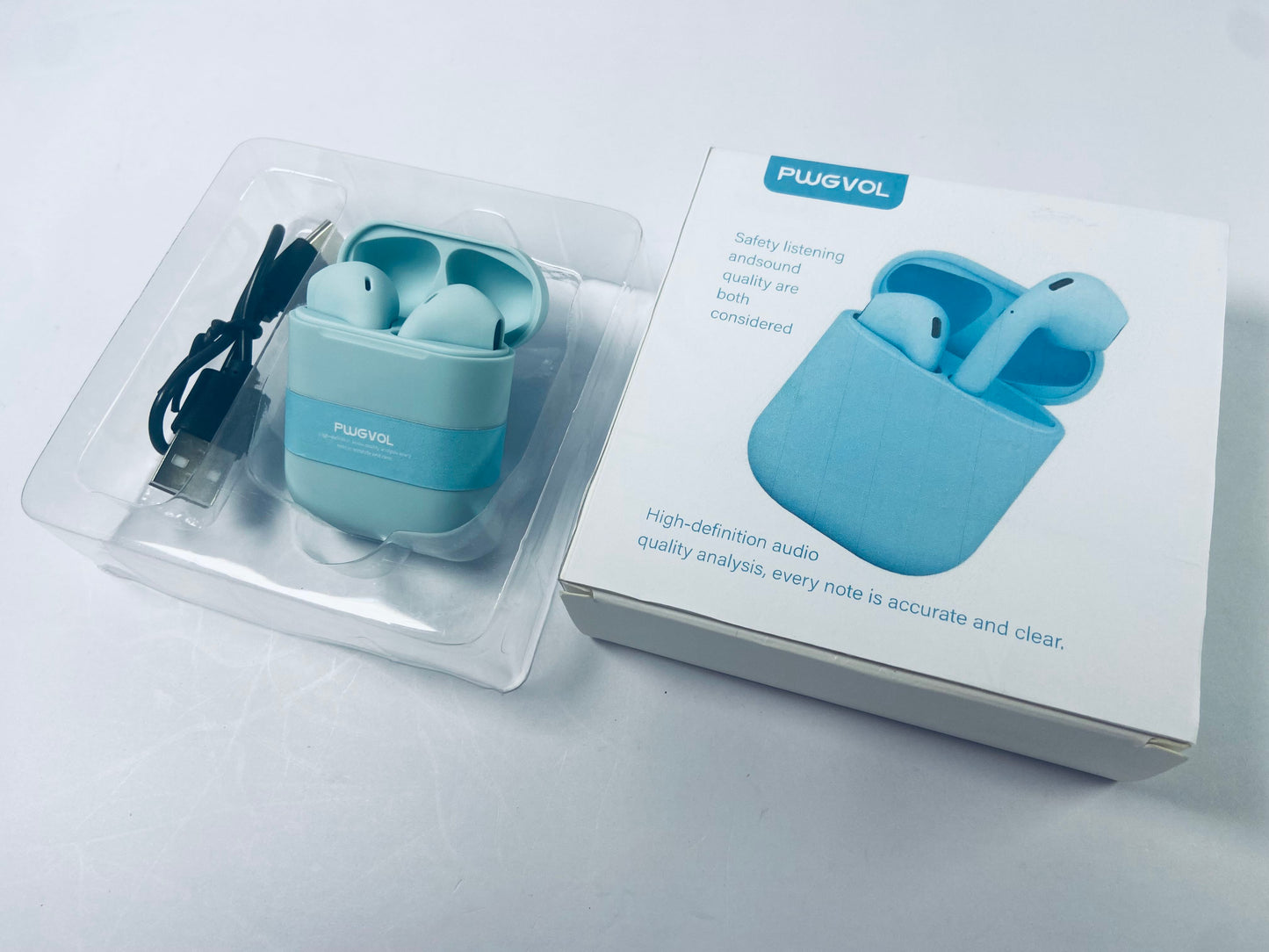 PWGVOL Wireless Headsets, Bluetooth 5.3 Half in-Ear Wireless Earbuds with Charging Case, Deep Bass Stereo Headphones, Dual Mics, 26H Playtime, one Step-Pairing, IPX4 Waterproof Earphones, Blue