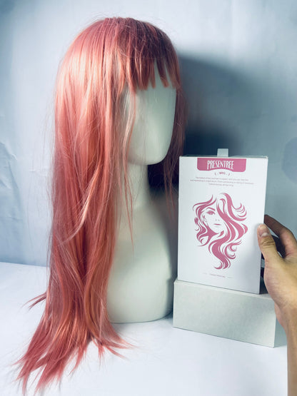 PRESENTREE Pink Wig with Bangs for Women Long Pink straight Wigs 26 Inch Natural Looking Heat Resistant Synthetic Wig for Daily Party Use