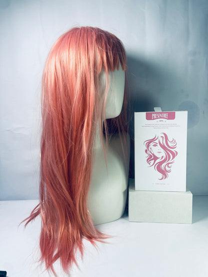 PRESENTREE Pink Wig with Bangs for Women Long Pink straight Wigs 26 Inch Natural Looking Heat Resistant Synthetic Wig for Daily Party Use