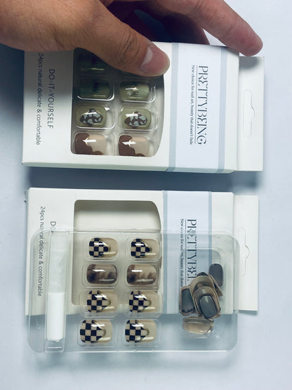 PRETTYBEING Press-On Nails Manicure Kit, Almond, 24-Piece Set, Long-Lasting Fake Nails with Glue