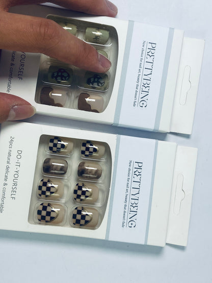 PRETTYBEING Press-On Nails Manicure Kit, Almond, 24-Piece Set, Long-Lasting Fake Nails with Glue