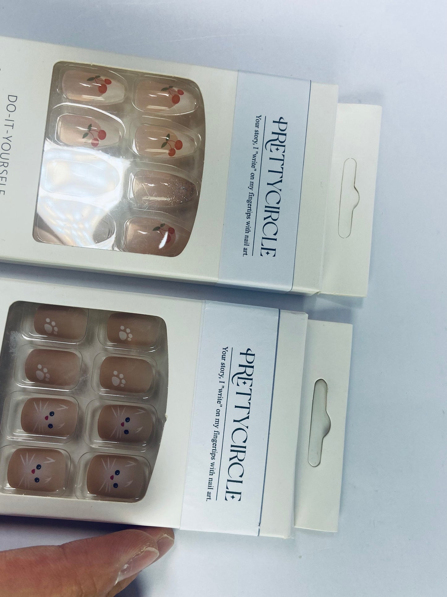PRETTYCIRCLE False nails Press on Nails Coffin Short Length, 24Pcs Full Cover Reusable Glossy Fake Nails with Glue, Artificial Fingernails with Designs, Glue Stick on Nails with Charm(Cute Bear and cherry)
