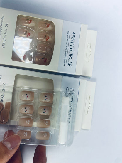 PRETTYCIRCLE False nails Press on Nails Coffin Short Length, 24Pcs Full Cover Reusable Glossy Fake Nails with Glue, Artificial Fingernails with Designs, Glue Stick on Nails with Charm(Cute Bear and cherry)