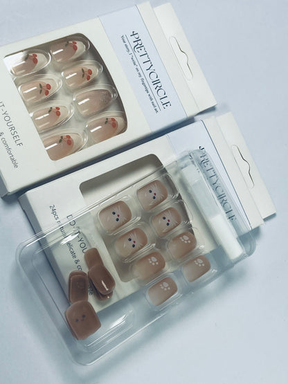 PRETTYCIRCLE False nails Press on Nails Coffin Short Length, 24Pcs Full Cover Reusable Glossy Fake Nails with Glue, Artificial Fingernails with Designs, Glue Stick on Nails with Charm(Cute Bear and cherry)