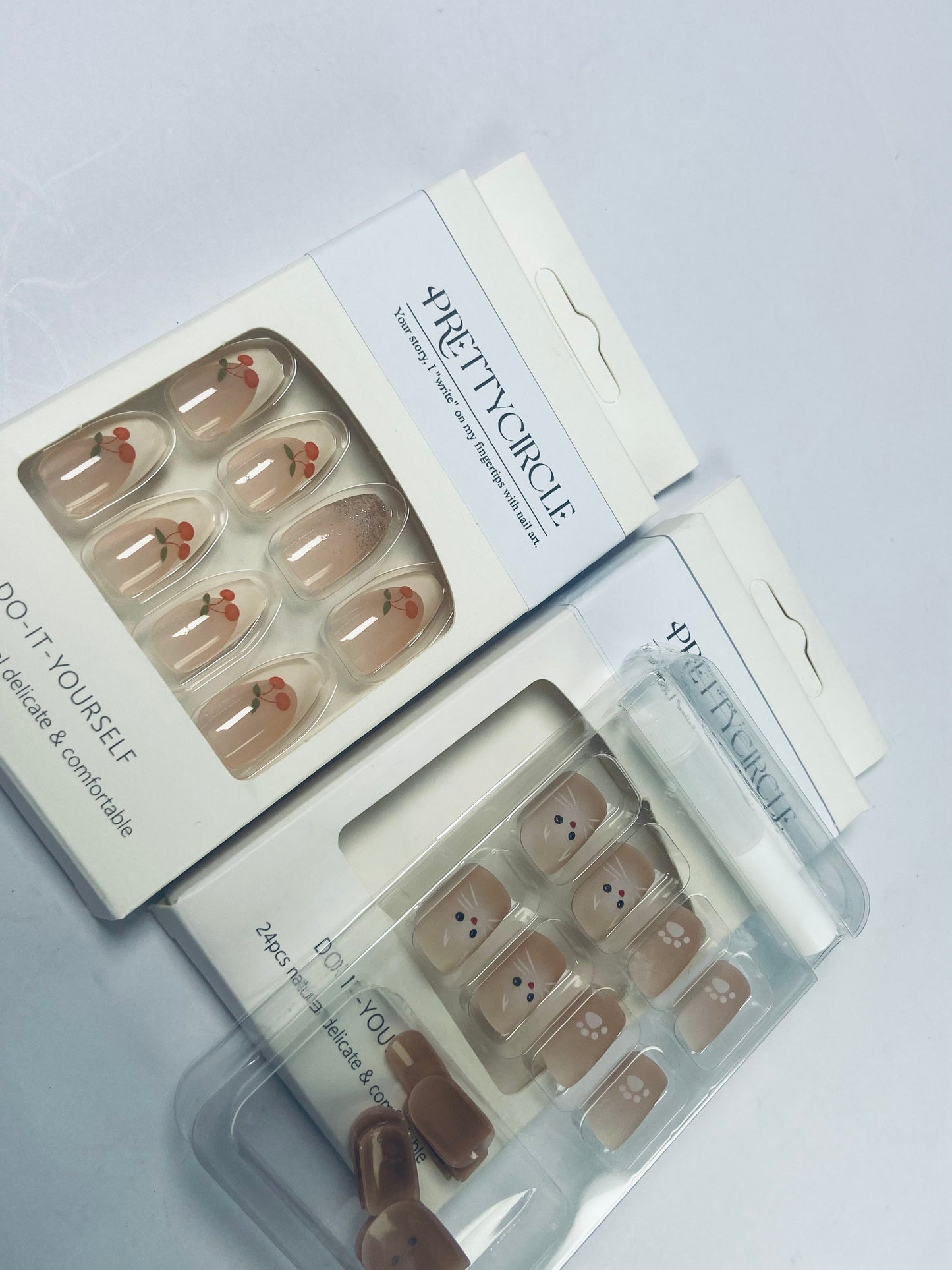 PRETTYCIRCLE False nails Press on Nails Coffin Short Length, 24Pcs Full Cover Reusable Glossy Fake Nails with Glue, Artificial Fingernails with Designs, Glue Stick on Nails with Charm(Cute Bear and cherry)