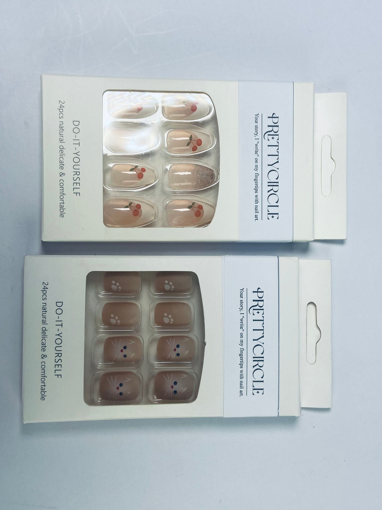 PRETTYCIRCLE False nails Press on Nails Coffin Short Length, 24Pcs Full Cover Reusable Glossy Fake Nails with Glue, Artificial Fingernails with Designs, Glue Stick on Nails with Charm(Cute Bear and cherry)