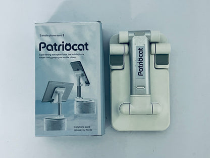Patriocat Cell Phone Stand,Adjustable Angle Height Phone Honder for Desk,Fully Foldable Portable Phone Mount,Compatible with All Mobile Phones and Small Tablet.