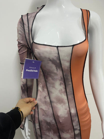 [Peak&Vale Dresses]-Tie-Dye Color-Block One-Shoulder Dress - Y2K Bodycon Mini Dress
