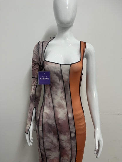 [Peak&Vale Dresses]-Tie-Dye Color-Block One-Shoulder Dress - Y2K Bodycon Mini Dress