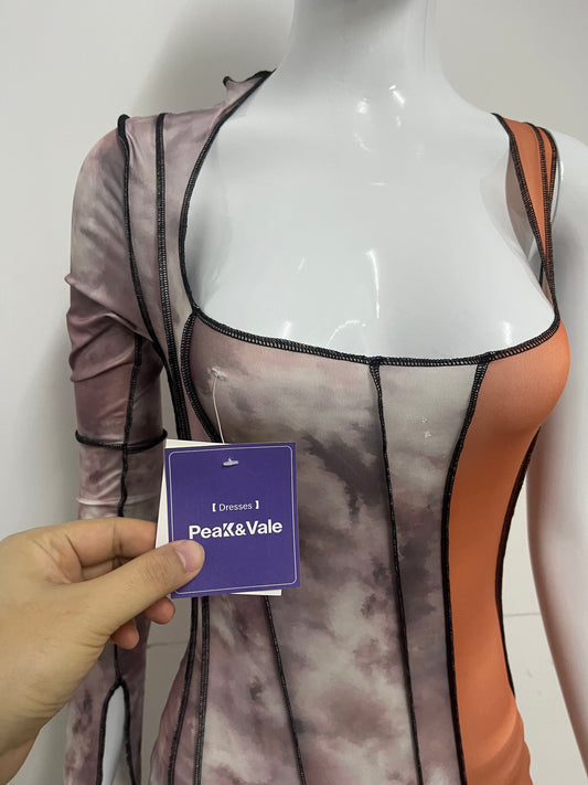 [Peak&Vale Dresses]-Tie-Dye Color-Block One-Shoulder Dress - Y2K Bodycon Mini Dress