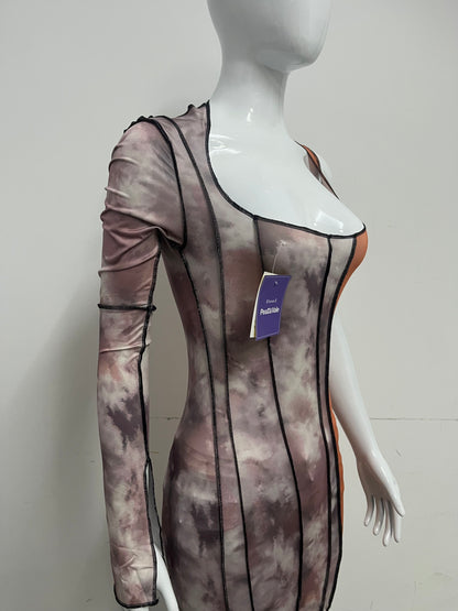 [Peak&Vale Dresses]-Tie-Dye Color-Block One-Shoulder Dress - Y2K Bodycon Mini Dress