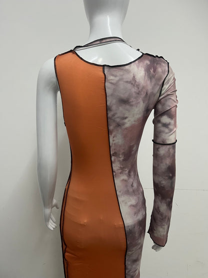 [Peak&Vale Dresses]-Tie-Dye Color-Block One-Shoulder Dress - Y2K Bodycon Mini Dress