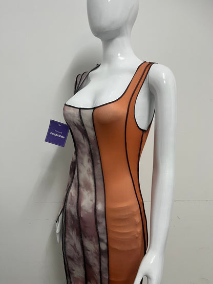 [Peak&Vale Dresses]-Tie-Dye Color-Block One-Shoulder Dress - Y2K Bodycon Mini Dress