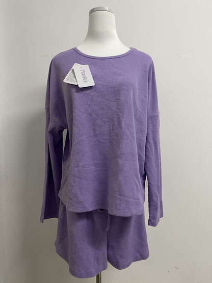PineRat Womens Waffle Knit Pajama Sets Long Sleeve Top and Shorts Matching Lounge Set Loungewear Sweatsuit with Pockets