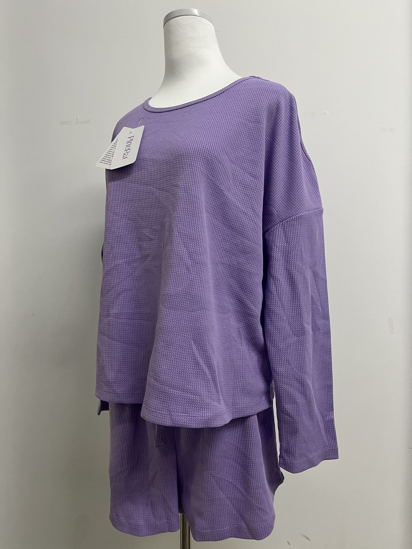 PineRat Womens Waffle Knit Pajama Sets Long Sleeve Top and Shorts Matching Lounge Set Loungewear Sweatsuit with Pockets
