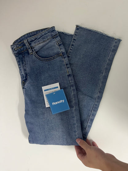 Plancity Retro Blue Flared Raw-Edge Jeans High-Waisted Slimming and Heightening Women's Pants