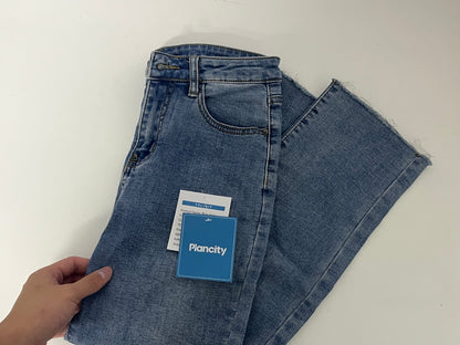 Plancity Retro Blue Flared Raw-Edge Jeans High-Waisted Slimming and Heightening Women's Pants