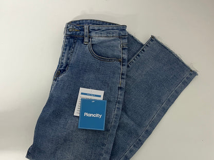 Plancity Retro Blue Flared Raw-Edge Jeans High-Waisted Slimming and Heightening Women's Pants