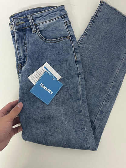 Plancity Retro Blue Flared Raw-Edge Jeans High-Waisted Slimming and Heightening Women's Pants