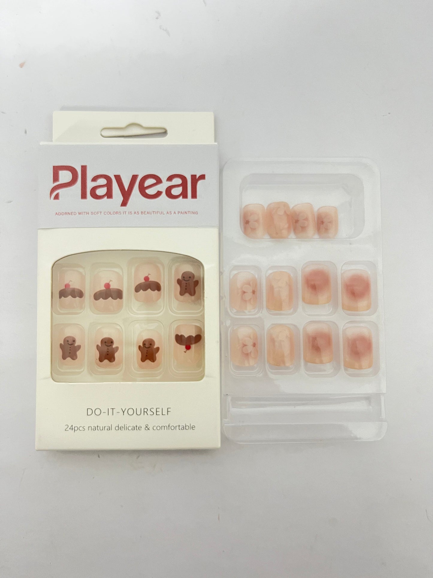 Playear 24PCS on Nails Short Square -Reusable Fake Nails for Women, Natural Looking False Nails Gel Manicure Kit