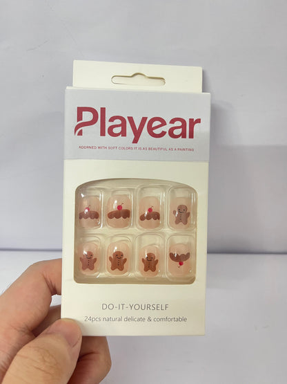 Playear 24PCS on Nails Short Square -Reusable Fake Nails for Women, Natural Looking False Nails Gel Manicure Kit