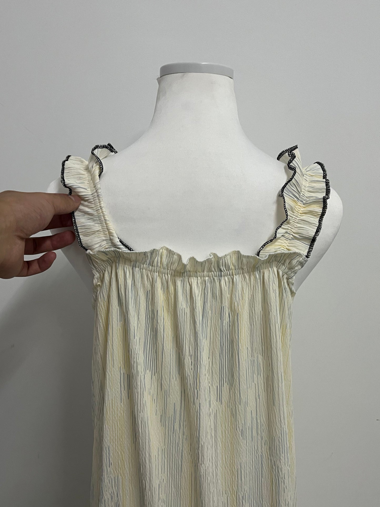 Playouth Pale Yellow Sleepwear - Ruffled Strap Nightgown with Striped Texture & Bow