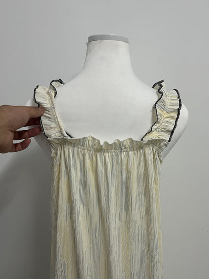 Playouth Pale Yellow Sleepwear - Ruffled Strap Nightgown with Striped Texture & Bow