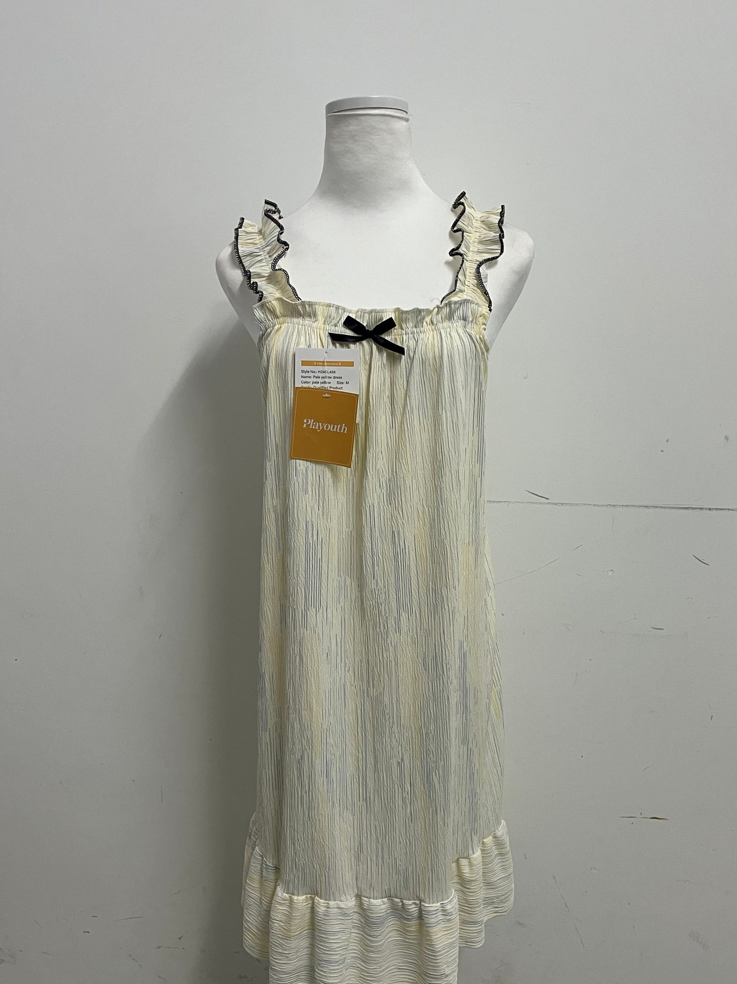 Playouth Pale Yellow Sleepwear - Ruffled Strap Nightgown with Striped Texture & Bow