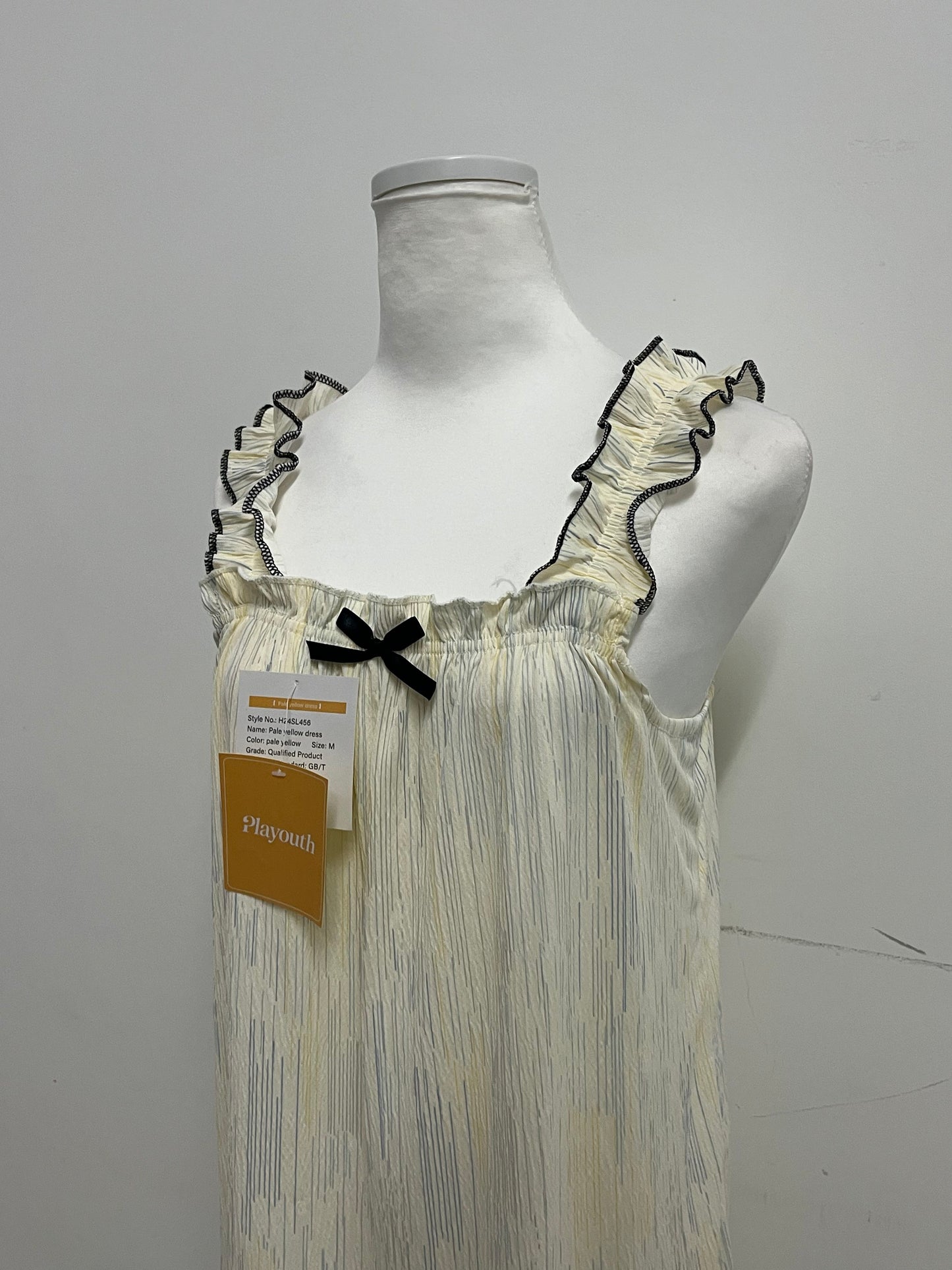 Playouth Pale Yellow Sleepwear - Ruffled Strap Nightgown with Striped Texture & Bow