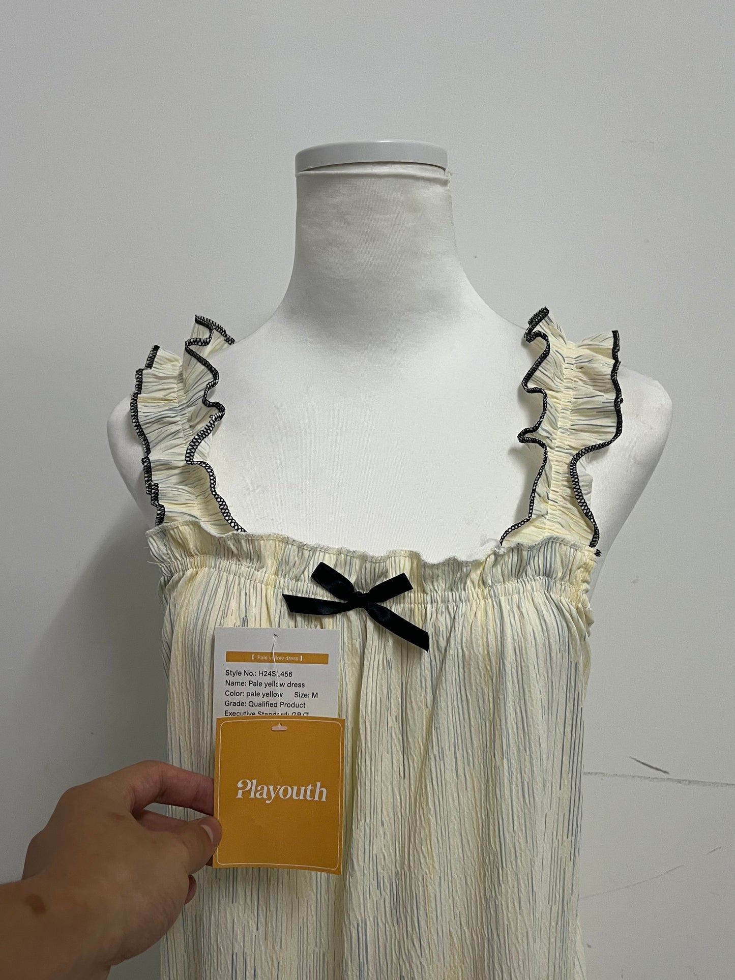 Playouth Pale Yellow Sleepwear - Ruffled Strap Nightgown with Striped Texture & Bow