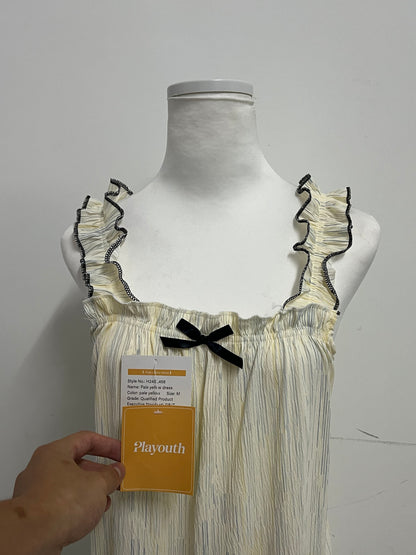 Playouth Pale Yellow Sleepwear - Ruffled Strap Nightgown with Striped Texture & Bow