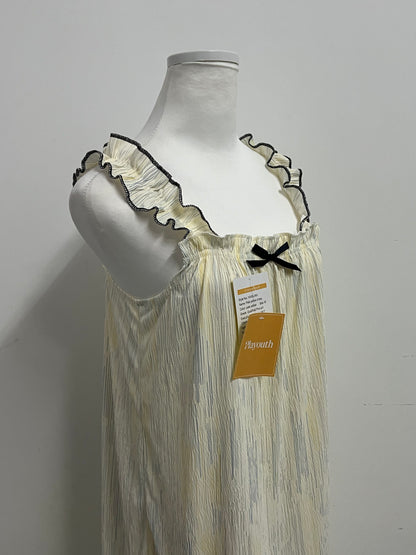 Playouth Pale Yellow Sleepwear - Ruffled Strap Nightgown with Striped Texture & Bow