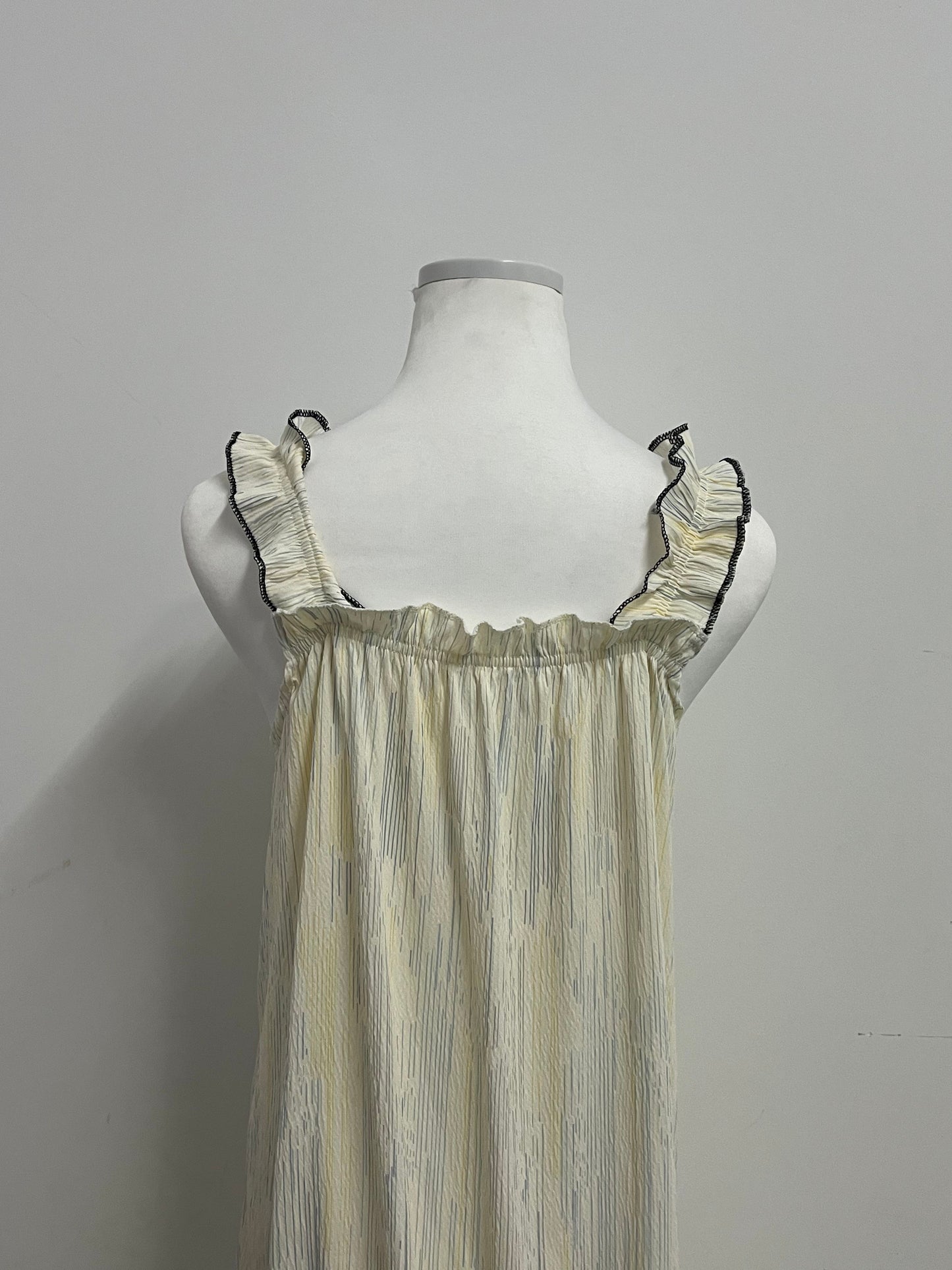Playouth Pale Yellow Sleepwear - Ruffled Strap Nightgown with Striped Texture & Bow