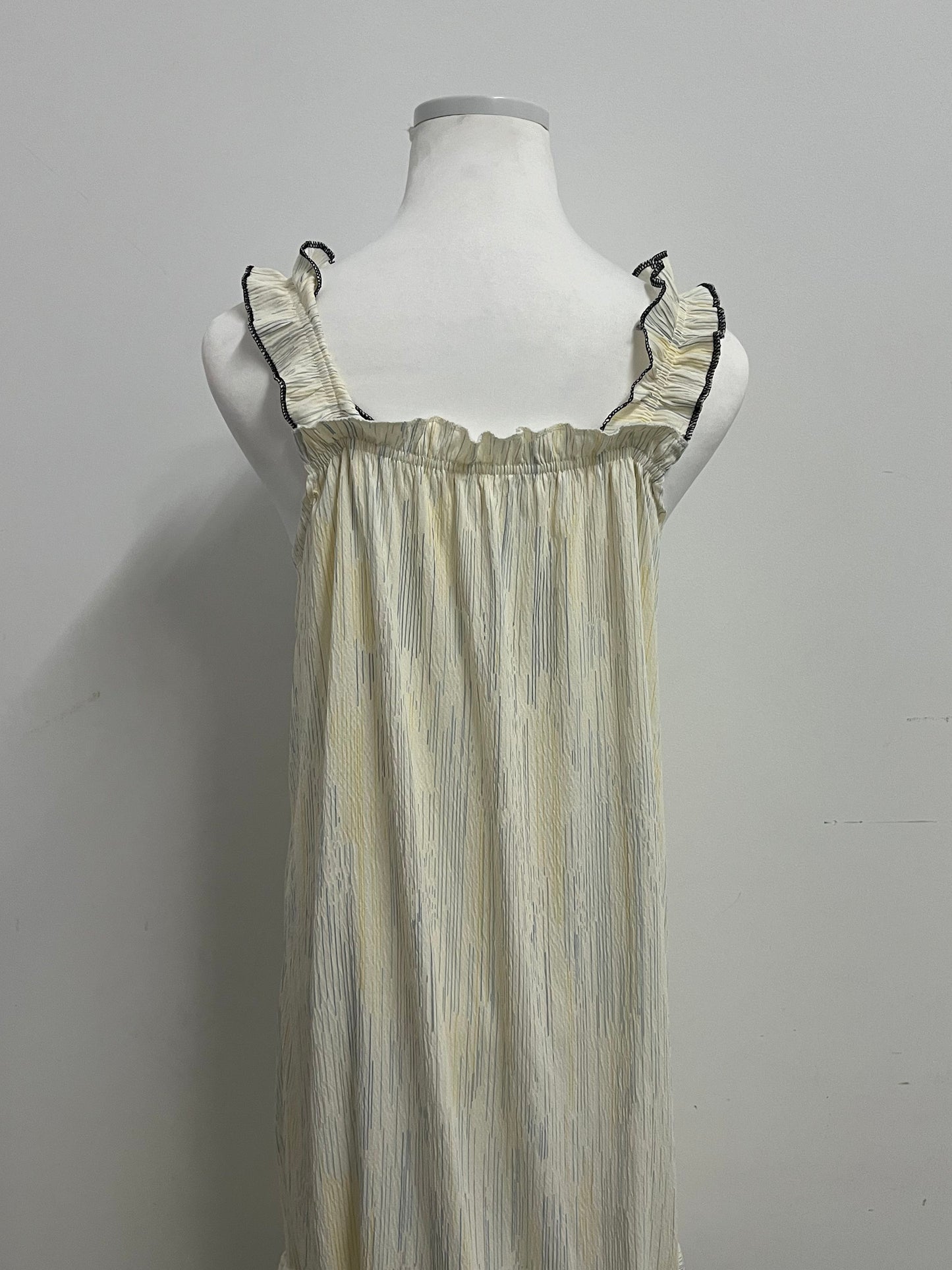 Playouth Pale Yellow Sleepwear - Ruffled Strap Nightgown with Striped Texture & Bow