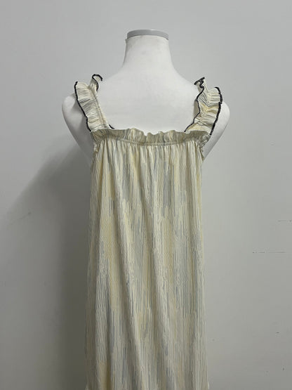 Playouth Pale Yellow Sleepwear - Ruffled Strap Nightgown with Striped Texture & Bow
